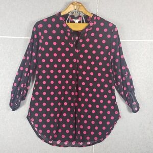 Cato Women's Polka Dot Blouse Pink Black Roll-Tab Sleeve Medium M Top